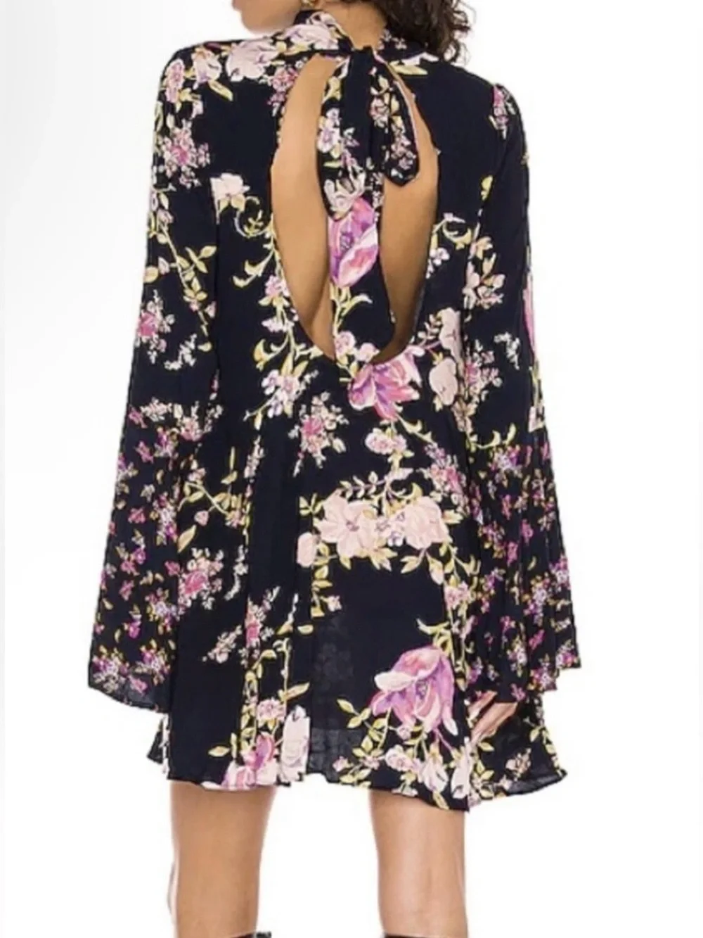 Free People Navy and Pink Floral Bell Sleeve Tunic Blouse - Size S